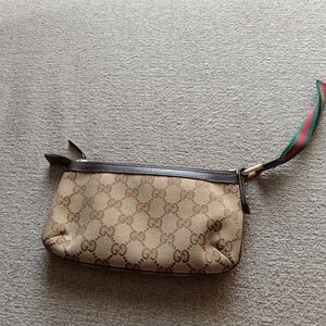 Gucci Beige GG Monogram Wristlet with Brown Trim and Green-Red Strap